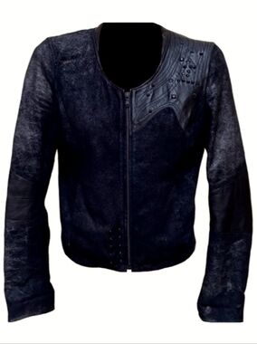 Y2K Diesel Black Studded Cropped Jacket Metallic Suede Leather Zip 90s Vintage S